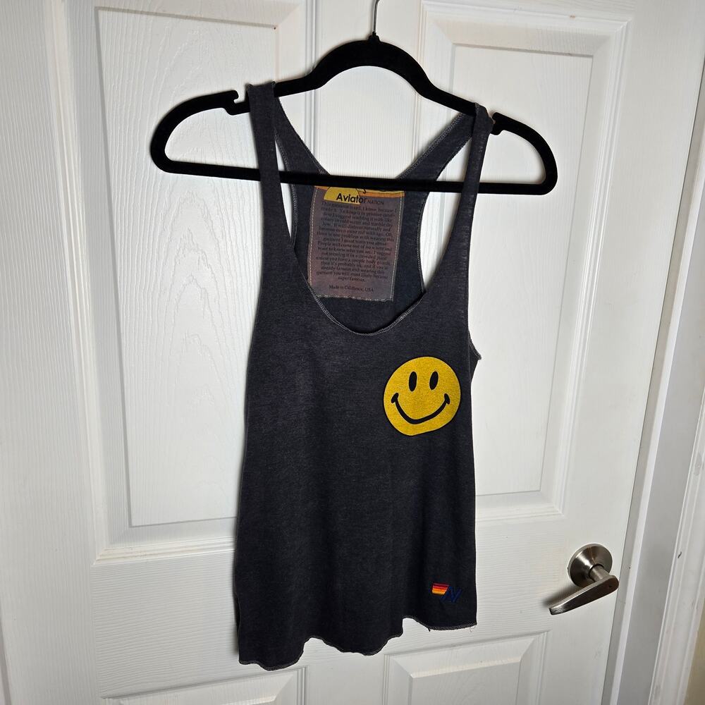 Aviator Nation Womens SZ S Smiley Face Racerback Tank Top Charcoal Grey